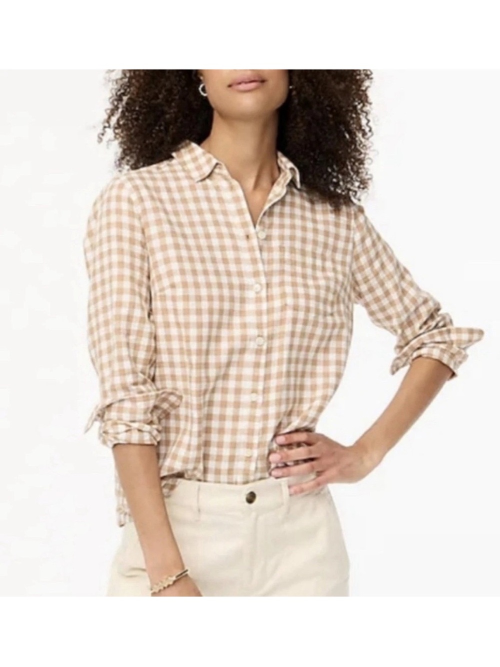 J. Crew Beige and White Gingham Button Down Shirt